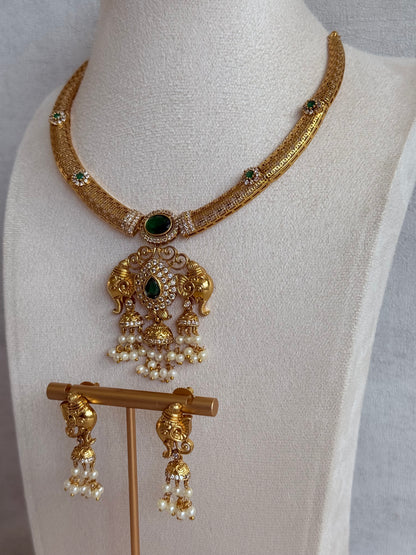 Ayura Designs Wadha Collar Necklace Set with Earrings – Gold Elephant Pendant & Emerald Green Stone Detailing