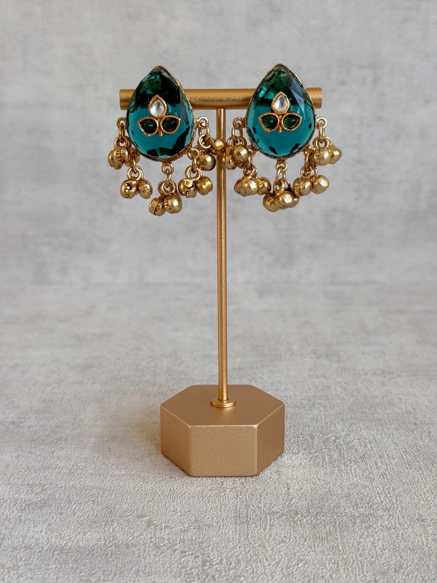 Ayura Designs Aykai Earrings – Teal Carved Teardrop Stud Earrings with Clear Kundan Stones and Gold Ghungroo Drops