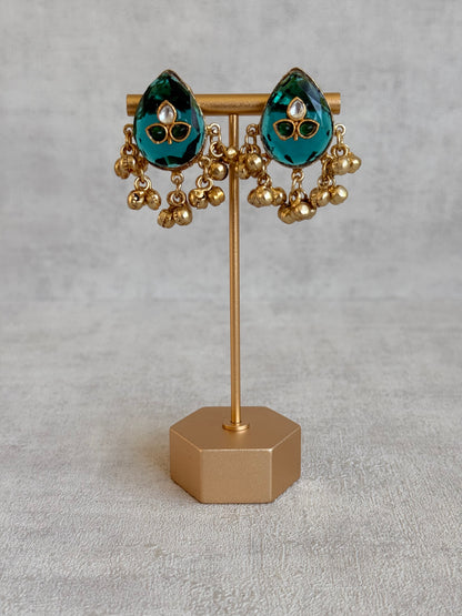 Ayura Designs Aykai Earrings – Teal Carved Teardrop Stud Earrings with Clear Kundan Stones and Gold Ghungroo Drops