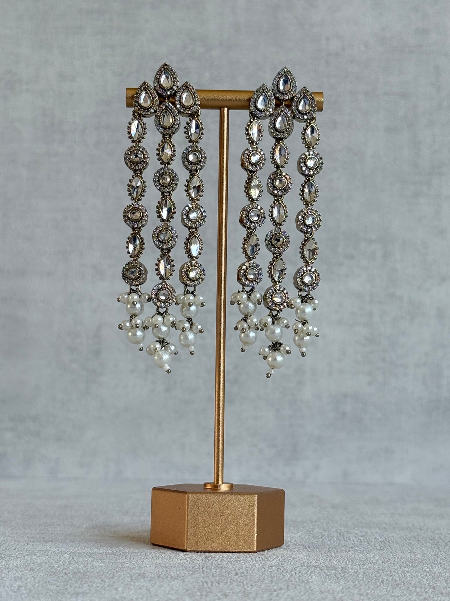 Ayura Designs Emilia Earrings – Gold Triple Strand Statement Earrings with Crystal Stones & Pearl Drops