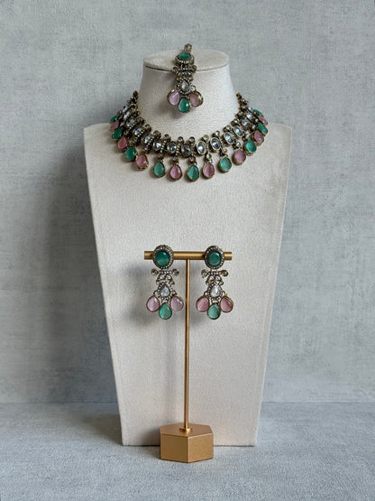 Ayura Designs Ava Necklace Set with Earrings & Tikka – Mint Green & Blush Pink Stone Necklace Set in Antique Gold Finish