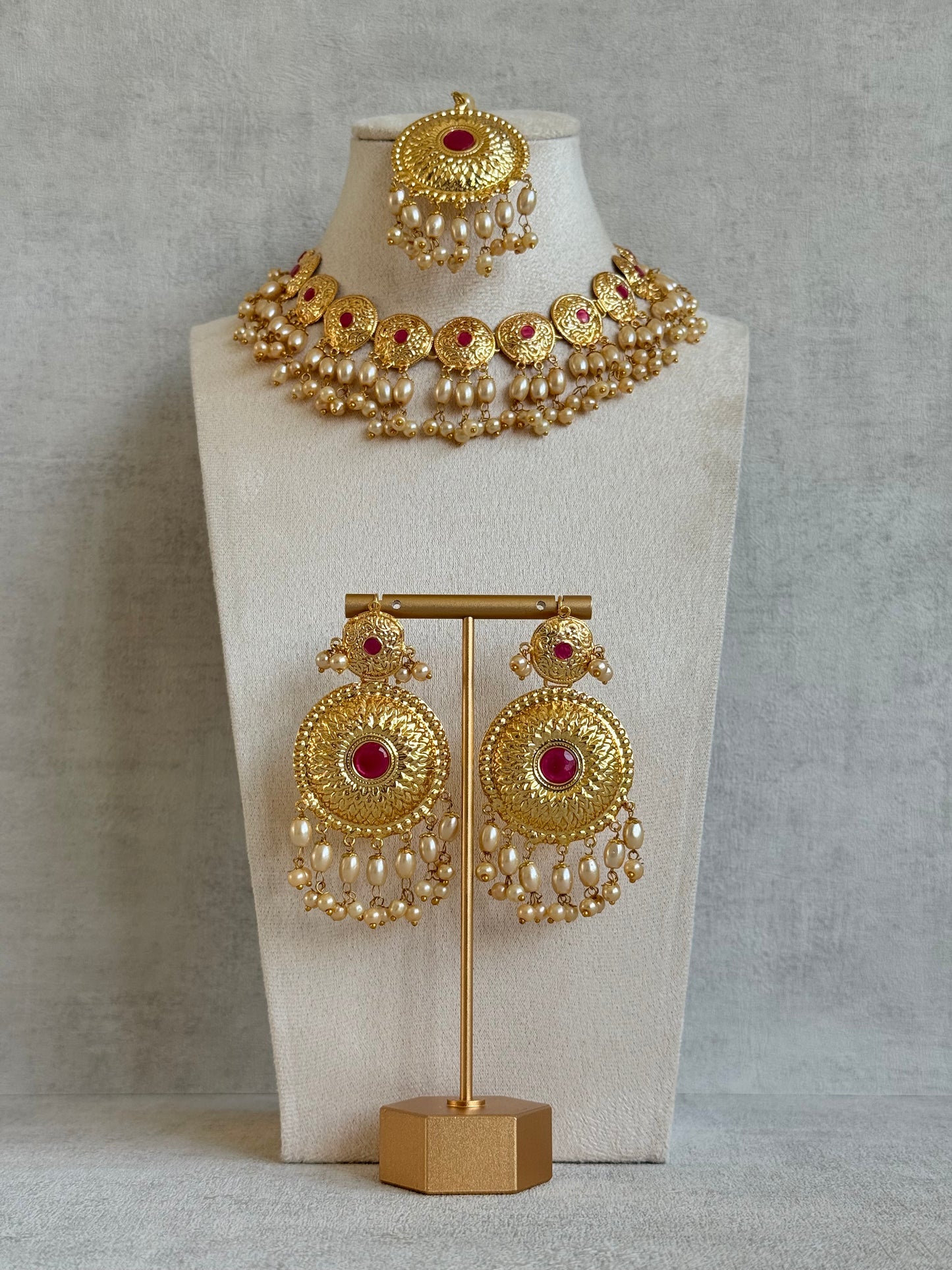 Ayura Designs Jyoti Set with Earrings & Tikka – Gold Disc Necklace with Ruby Pink & Pearl Detailing