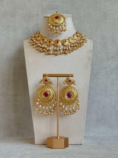 Ayura Designs Jyoti Set with Earrings & Tikka – Gold Disc Necklace with Ruby Pink & Pearl Detailing