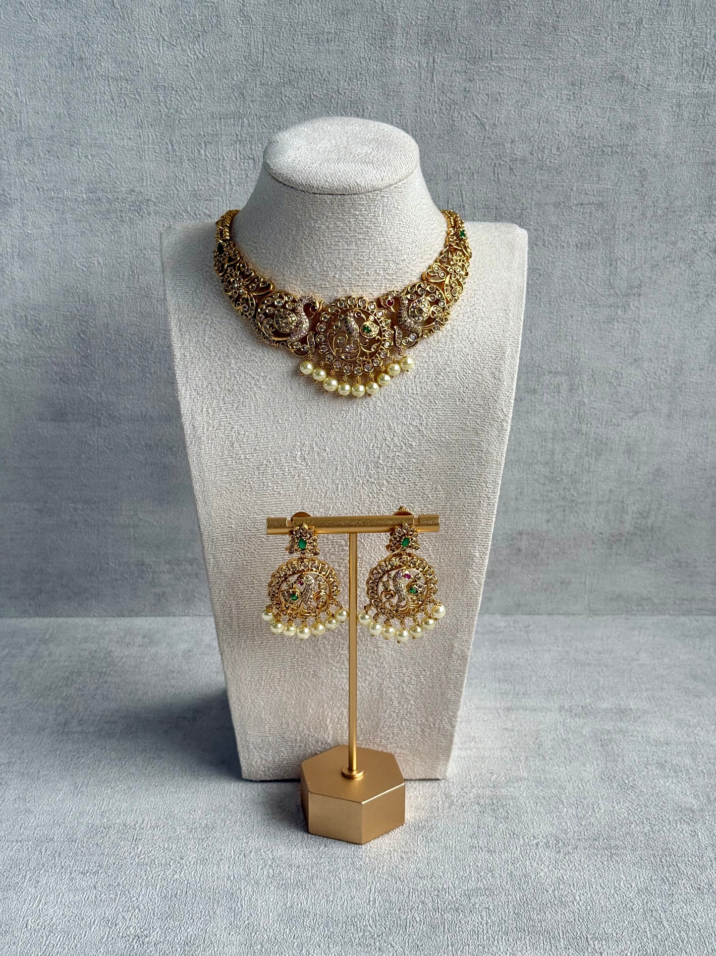 Ayura Designs Vedya Set – Antique Gold Peacock Necklace with Kundan, Emerald & Pearl Detailing