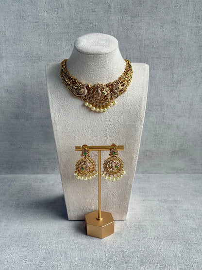 Ayura Designs Vedya Set – Antique Gold Peacock Necklace with Kundan, Emerald & Pearl Detailing