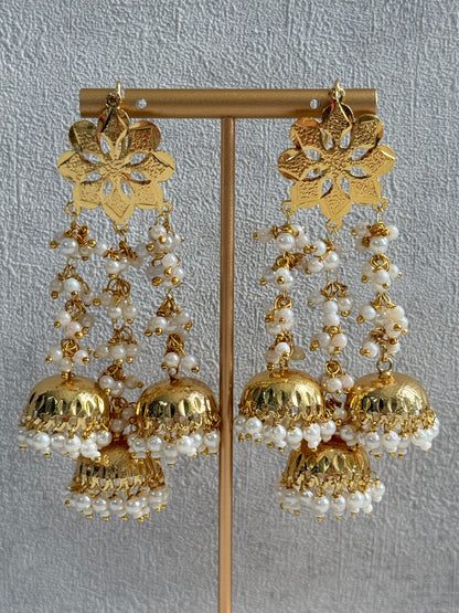 Ayura Designs Sassi Earrings – Pippal Patti Triple Jhumki Earrings with Pearl Cluster Detailing