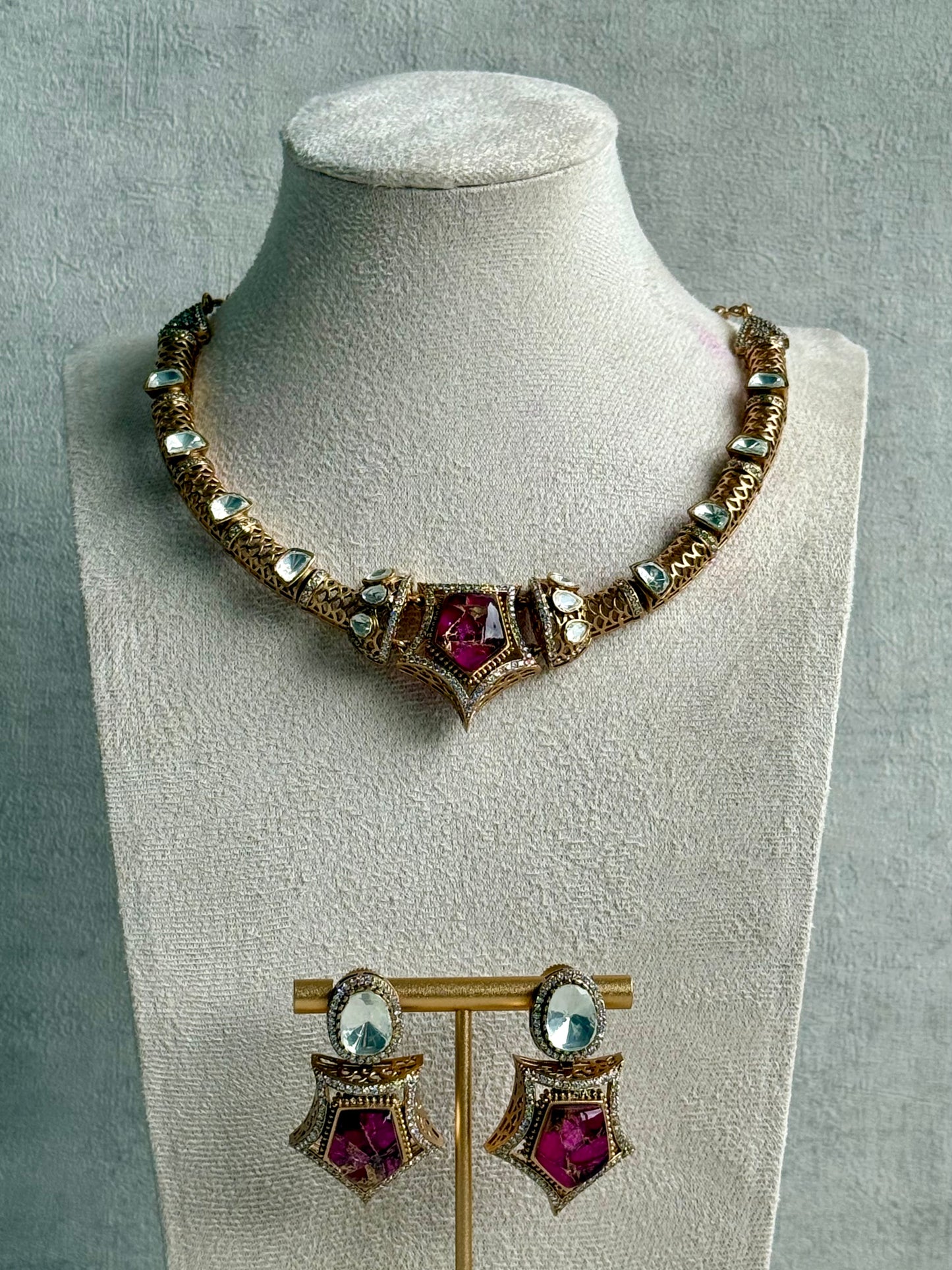Ayura Designs Krupa Set – Necklace & Earrings with Magenta Stone featuring Natural Marbling, Mirror-Cut Kundan & Antique Gold Detailing