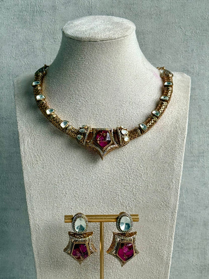 Ayura Designs Krupa Set – Necklace & Earrings with Magenta Stone featuring Natural Marbling, Mirror-Cut Kundan & Antique Gold Detailing