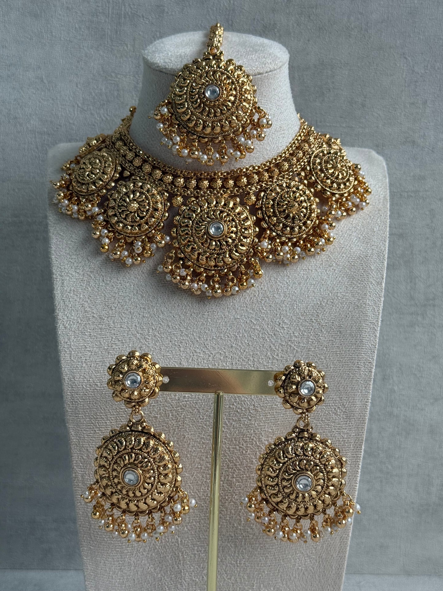Ayura Designs Rummy Set – Statement Necklace, Earrings & Tikka with Ivory Pearls and Polished Gold Finish