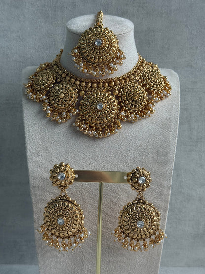 Ayura Designs Rummy Set – Statement Necklace, Earrings & Tikka with Ivory Pearls and Polished Gold Finish