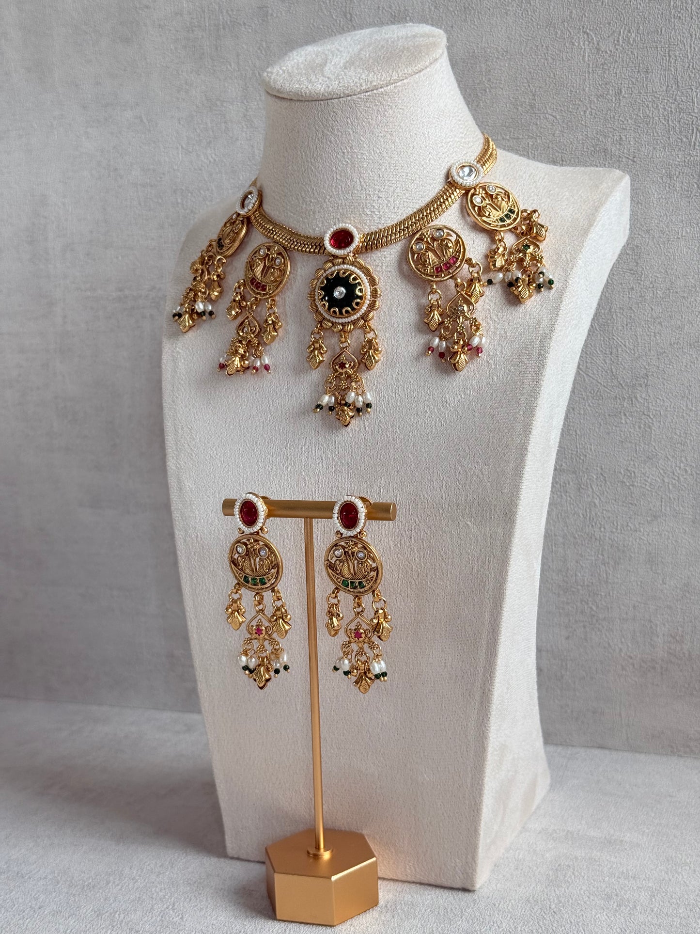Ayura Designs Parchhai Necklace Set with Earrings – Ruby Red, Rose Pink & Emerald Green Stones, Bird Motifs & Pearl Detailing