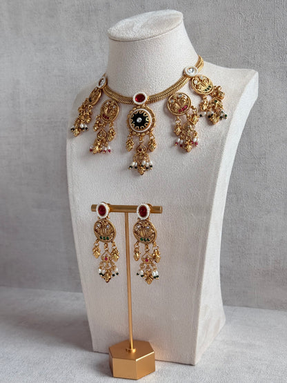 Ayura Designs Parchhai Necklace Set with Earrings – Ruby Red, Rose Pink & Emerald Green Stones, Bird Motifs & Pearl Detailing