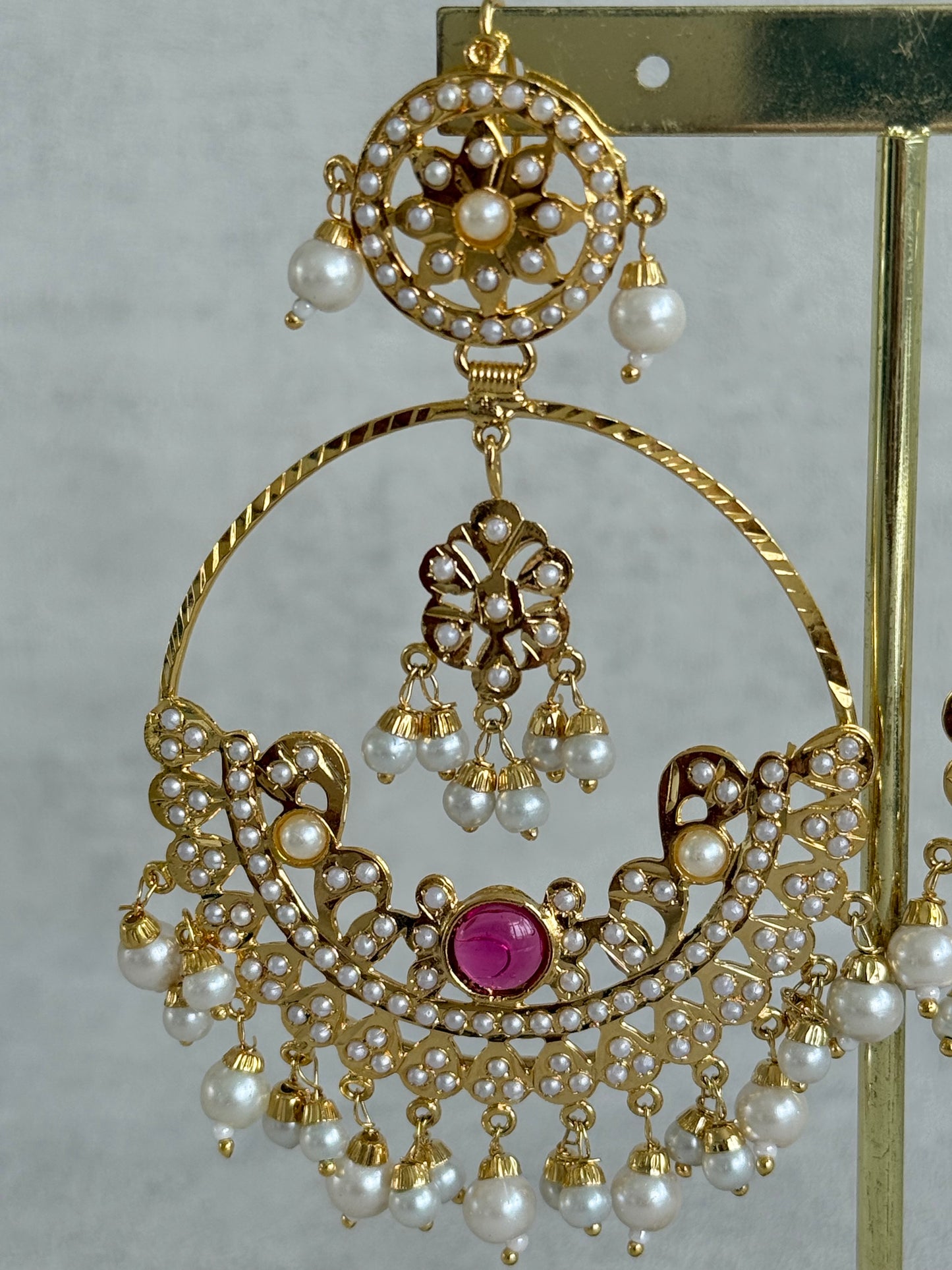 Ayura Designs Arshi Chandbalis – Gold Jadau Ruby Pink & Ivory Pearl Detailing