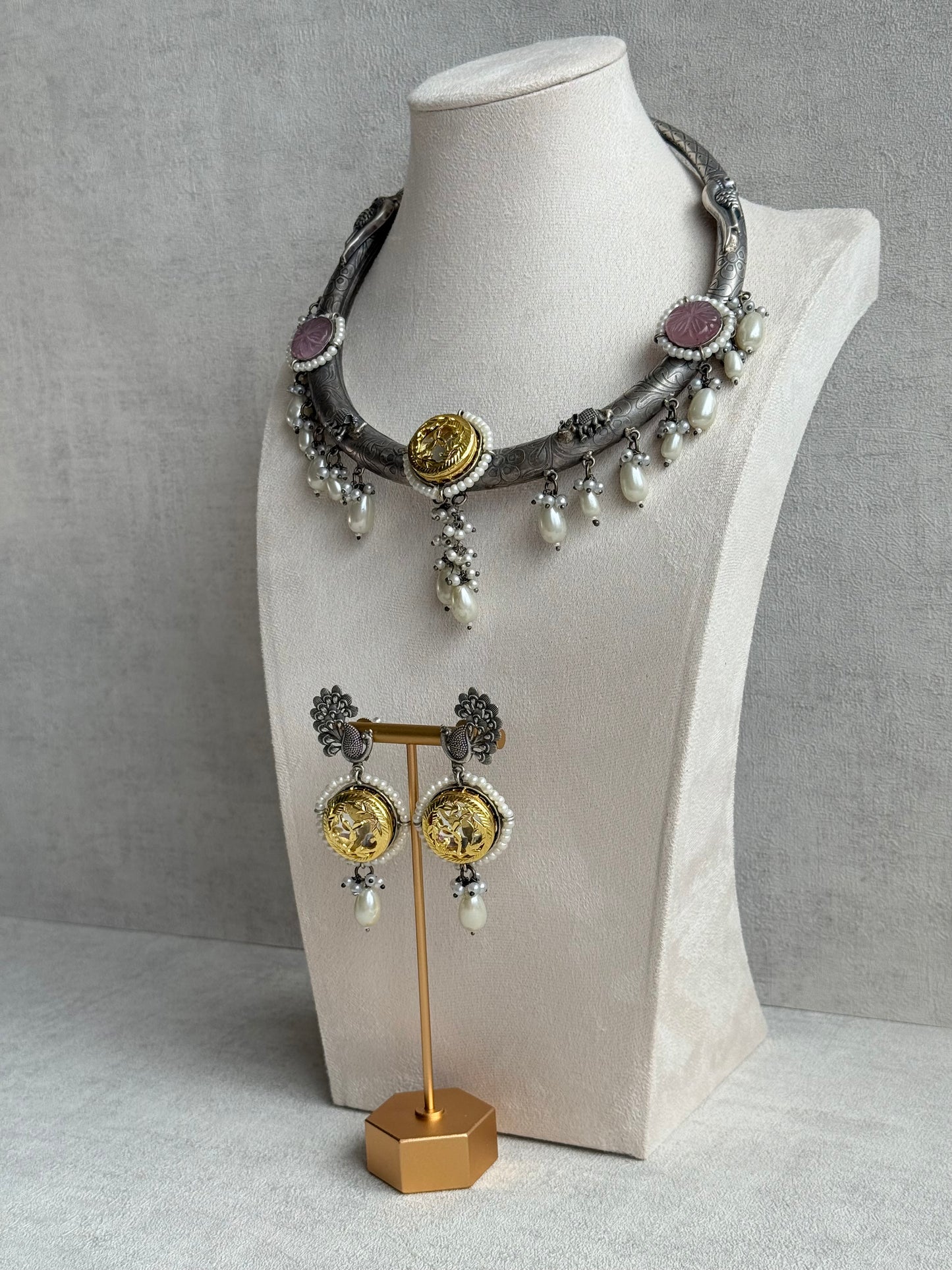Ayura Designs Zareen Torque Necklace Set with Earrings – Dual Tone Oxidised Collar Necklace with Coin Detailing, Pearl Drops & Peacock Motifs