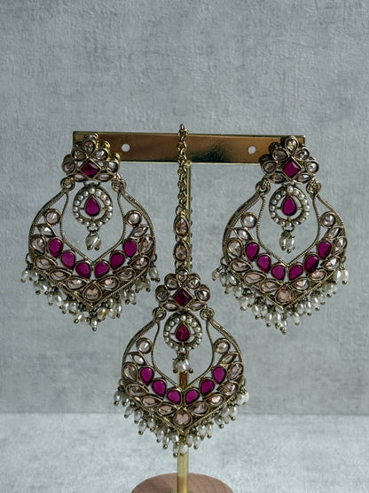 Ayura Designs Damini Tikka Set – Mirror-Cut Kundan Earrings & Tikka with Pink Enamel and Pearl Detailing