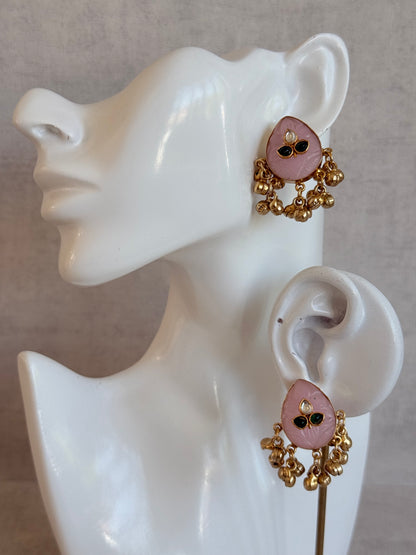 Ayura Designs Aykai Earrings – Baby Pink Carved Teardrop Stud Earrings with Clear Kundan Stones and Gold Ghungroo Drops