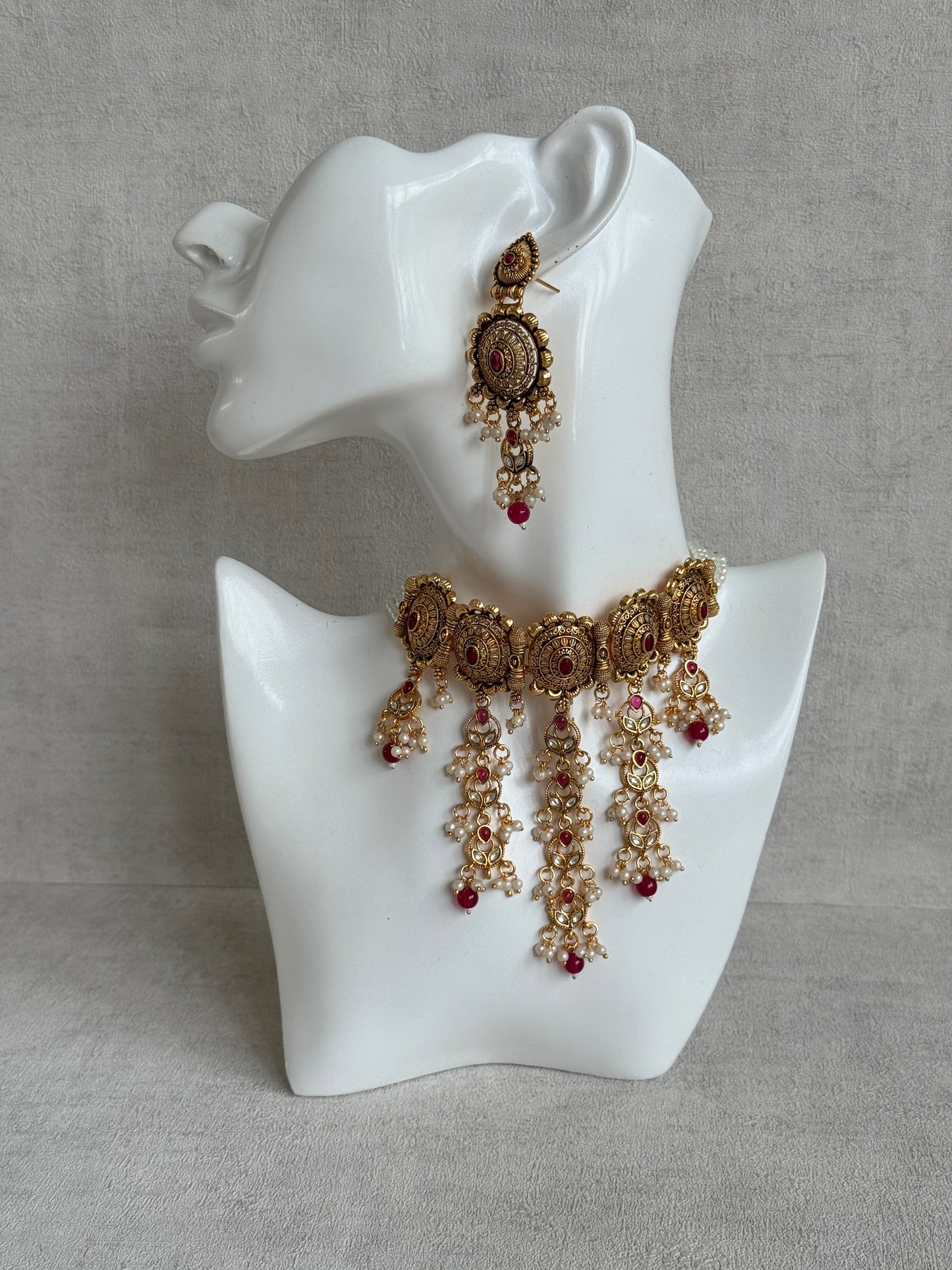 Ayura Designs Kabini Choker Set with Earrings – Gold Kundan Waterfall Choker with Ruby Pink Beads & Pearls