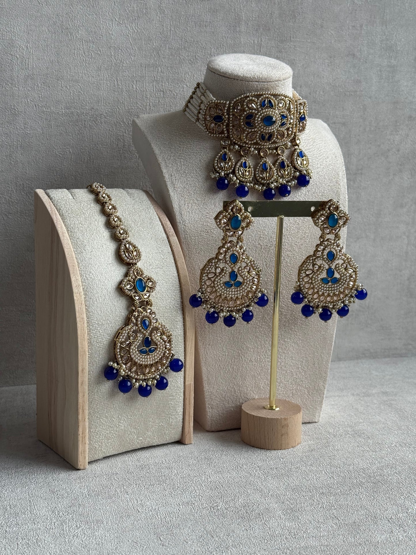 Ayura Designs Zarlish Set – Choker, Earrings & Tikka with Mirror-Cut Stones, Ink Blue Beads & Gold Finish
