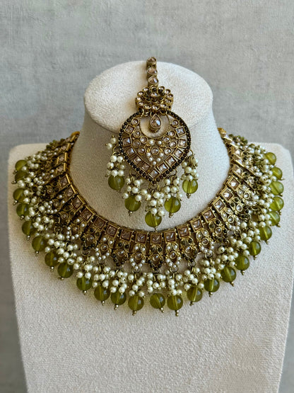 Ayura Designs Sabeen Set with Choker, Jhumkis, Tikka & Jhoomar – Champagne Kundan, Pearl Clusters & Olive Green Beads