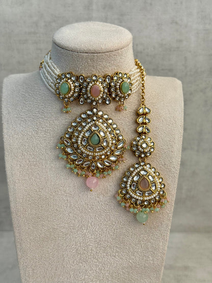 Ayura Designs Tehreem Set with Necklace, Earrings & Tikka – Mirror-Cut Stones, Mint Green & Pink Beads & Antique Gold Finish