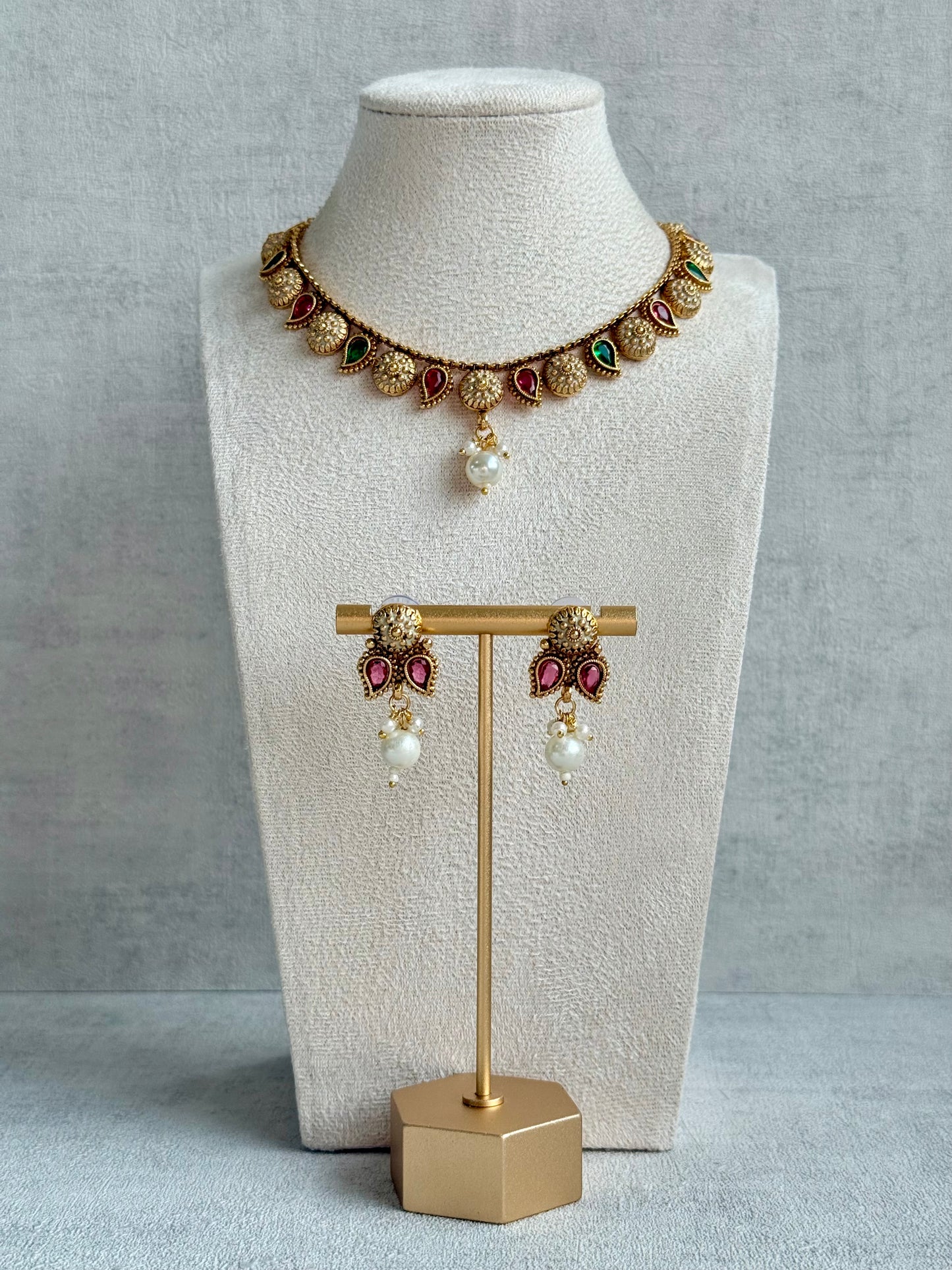 Ayura Designs Mayura Necklace Set with Earrings – Antique Gold Meenakari Motifs with Pearl Drop & Rani Pink and Emerald Green Stones