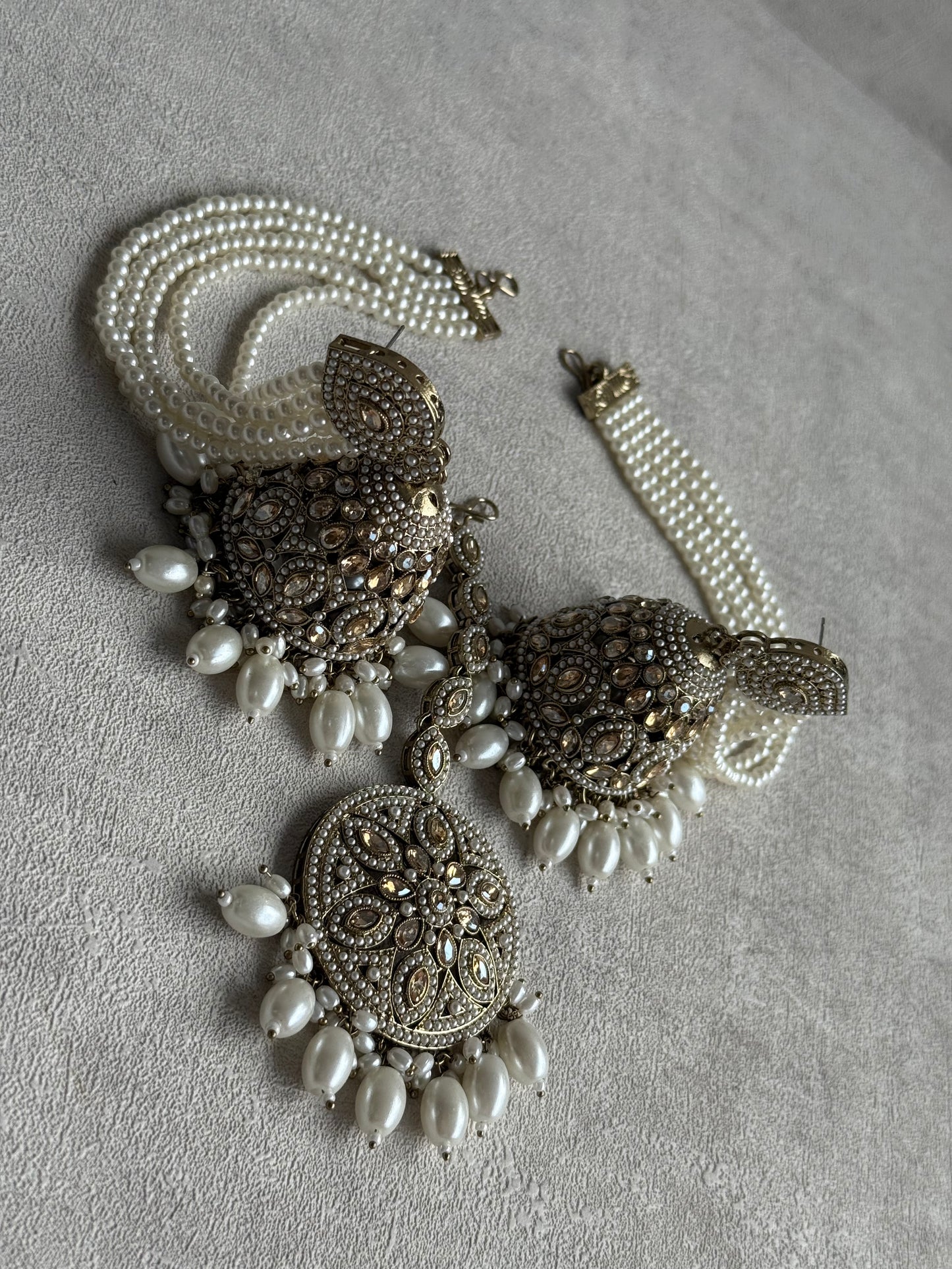 Ayura Designs Amrita Set – Jhumkis with Sahare & Tikka in Ivory Pearls and Antique Gold Finish