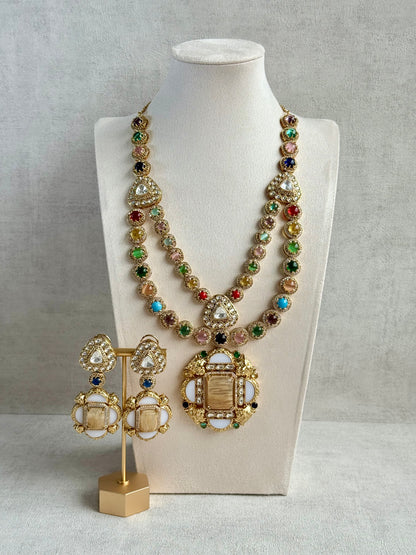 Ayura Designs Daphne Necklace Set with Statement Earrings – Gold Finish with Moissanite-Style Stones & Multicolour Accents