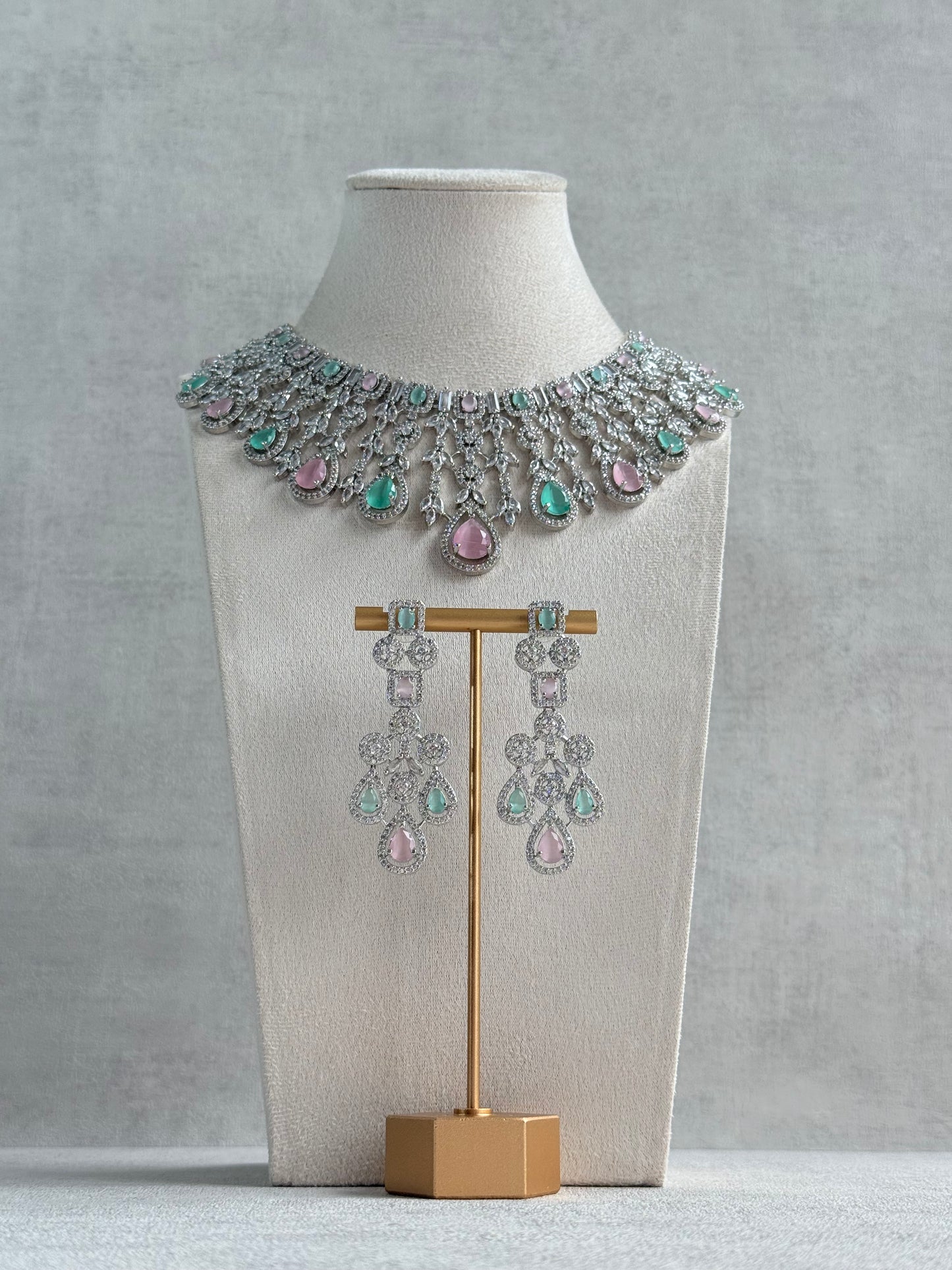 Ayura Designs Skye Necklace Set with Earrings – Blush Pink & Mint Green Stones with Crystal Detailing in Silver Finish