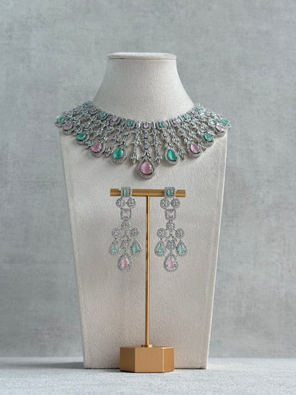 Ayura Designs Skye Necklace Set with Earrings – Blush Pink & Mint Green Stones with Crystal Detailing in Silver Finish