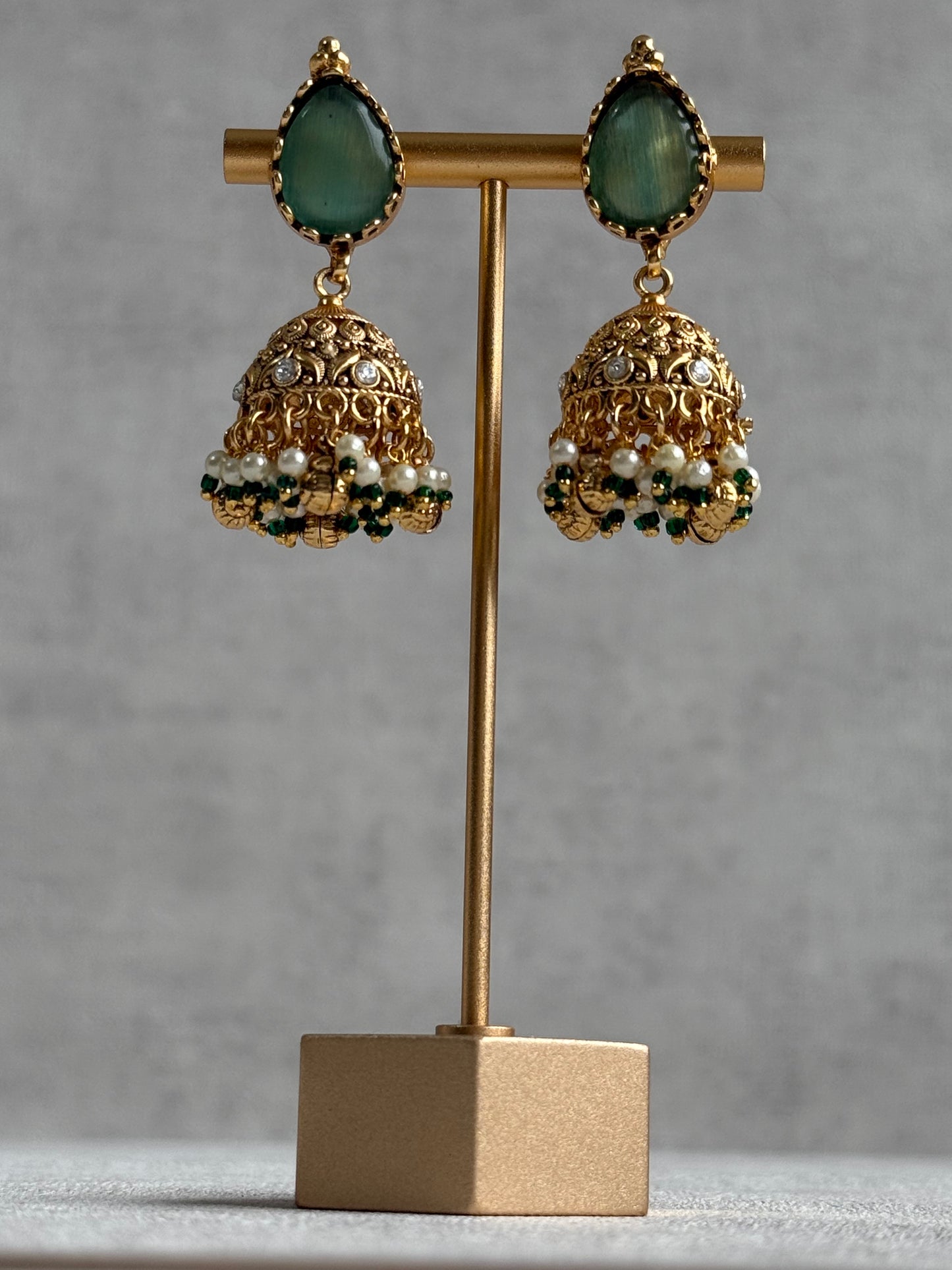 Ayura Designs Urvashi Set – Antique Gold Necklace & Jhumkis with Mint Green Stone, Ruby & Pearl Detailing