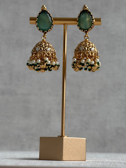 Ayura Designs Urvashi Set – Antique Gold Necklace & Jhumkis with Mint Green Stone, Ruby & Pearl Detailing