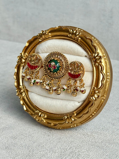 Ayura Designs Raha Adjustable Ring – Antique Gold Lotus Motifs with Emerald Green & Rani Pink Stones, Pearl Drops & Ghungroo Detailing