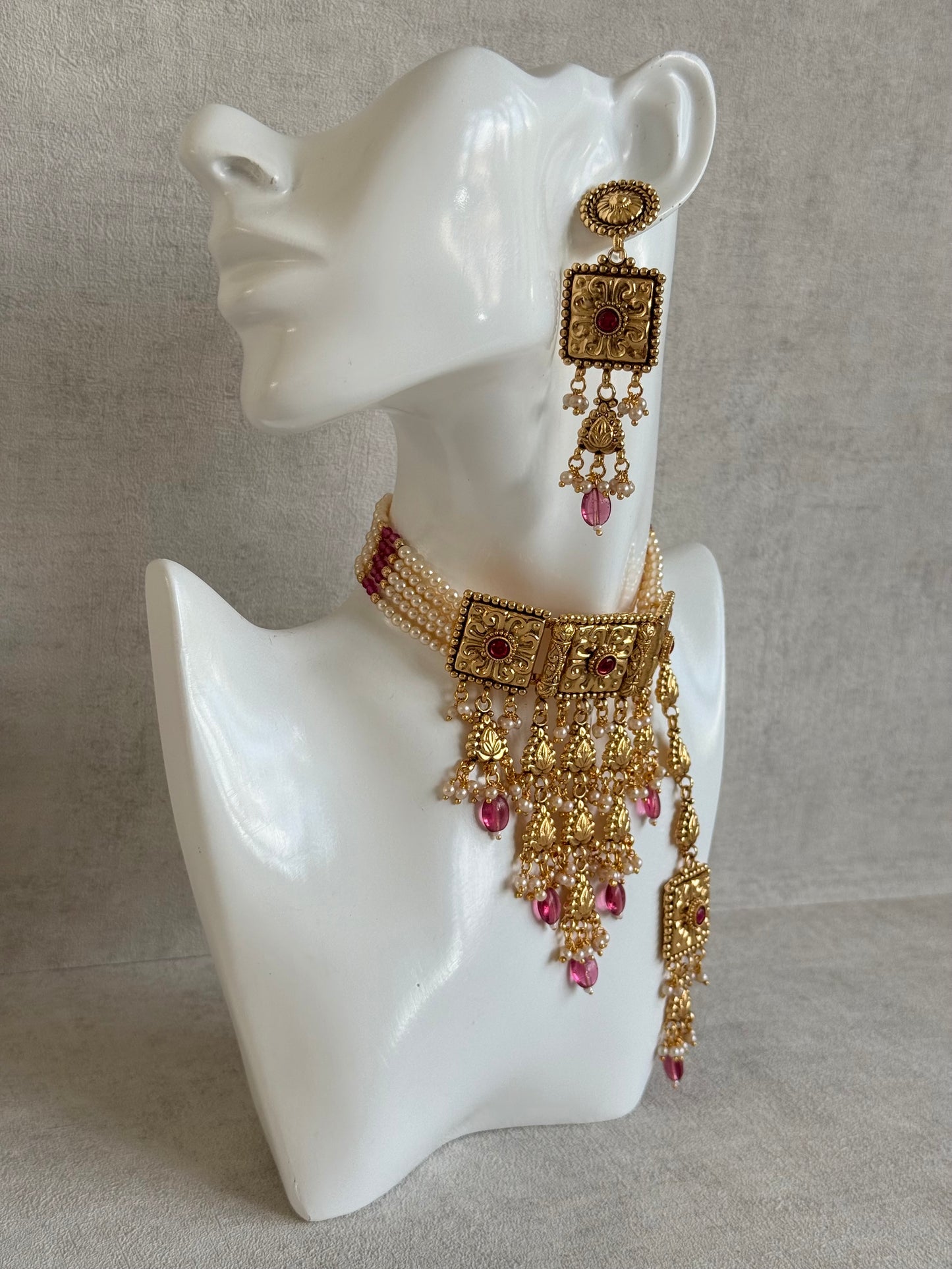 Ayura Designs Nimrah Choker Set with Earrings & Tikka – Ruby Pink Gold Tone Waterfall Jewellery Set