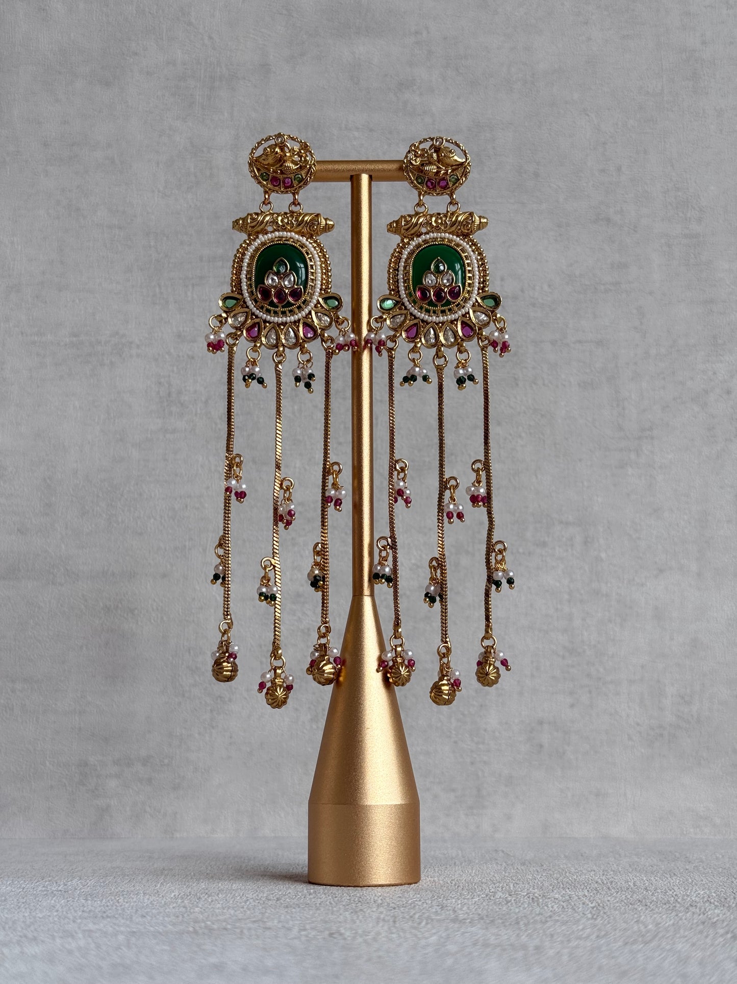 Ayura Designs Kaveri Earrings – Gold Long Chain Drop Earrings with Kundan, Pearls & Ghungroo Detailing – Emerald Green