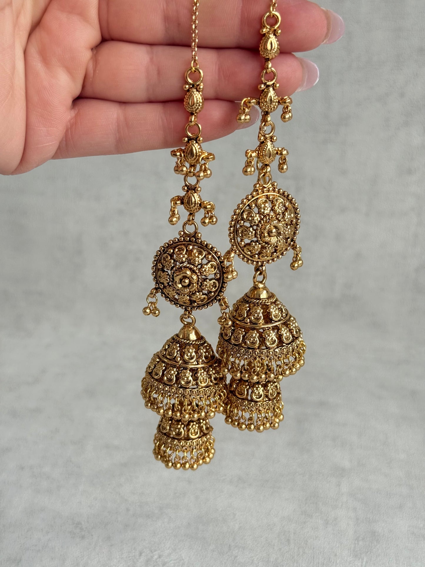 Ayura Designs Chhavi Sahare Jhumkis – Antique Gold Finish with Double Dome Design