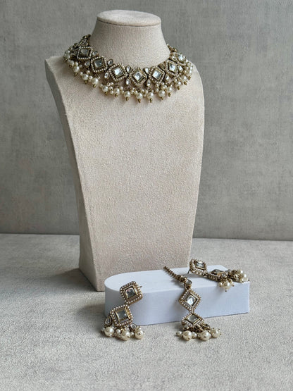 Ayura Designs Talia Set with Earrings & Tikka – Champagne Gold, Kundan & Pearls