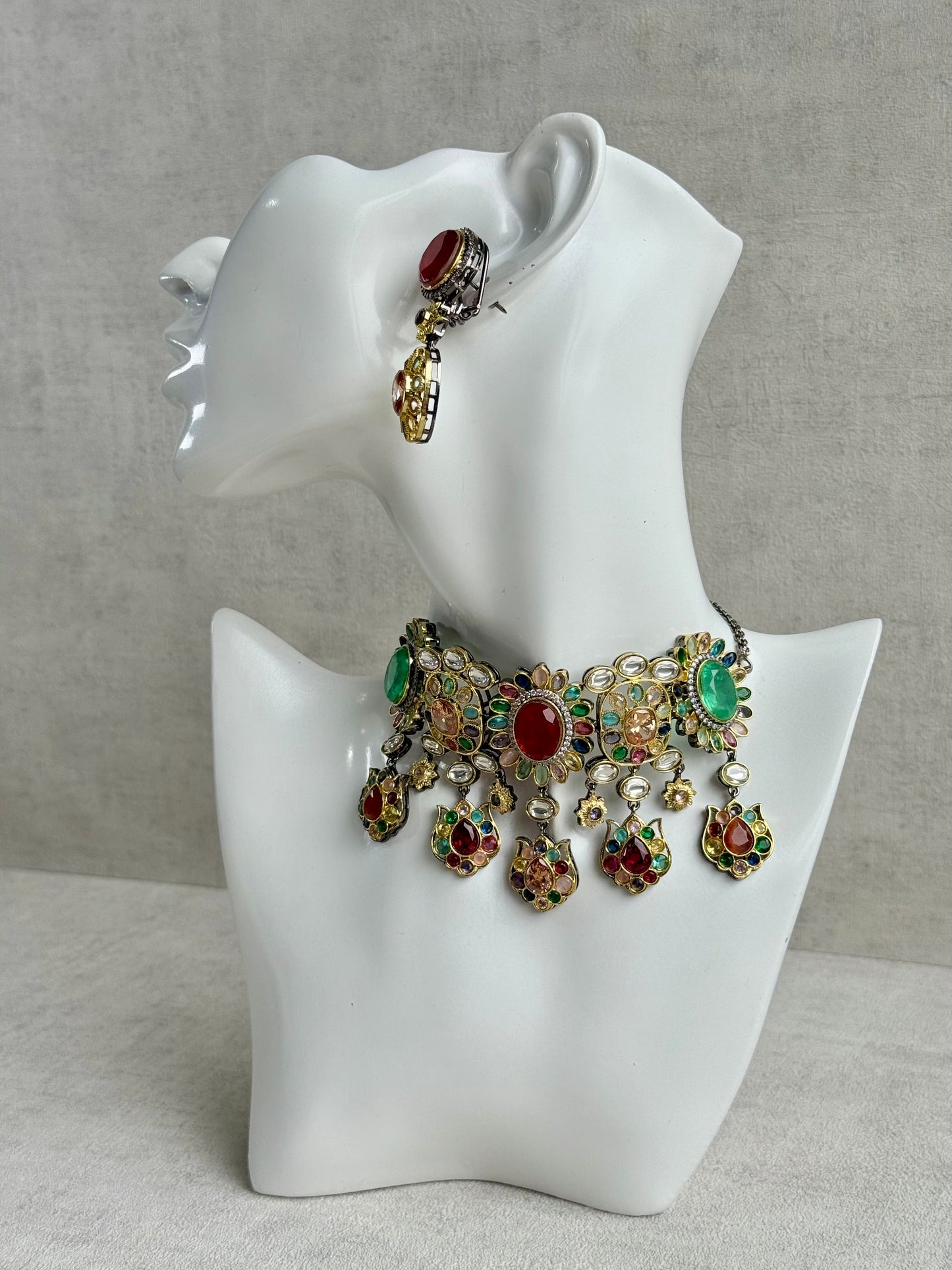 Ayura Designs Verity Choker Set with Earrings – Multicolour Stones, Crystal Accents & Antique Silver Finish