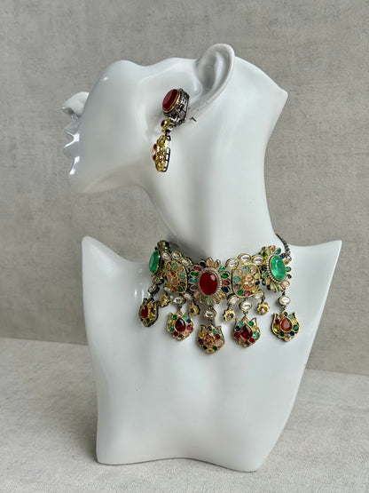 Ayura Designs Verity Choker Set with Earrings – Multicolour Stones, Crystal Accents & Antique Silver Finish