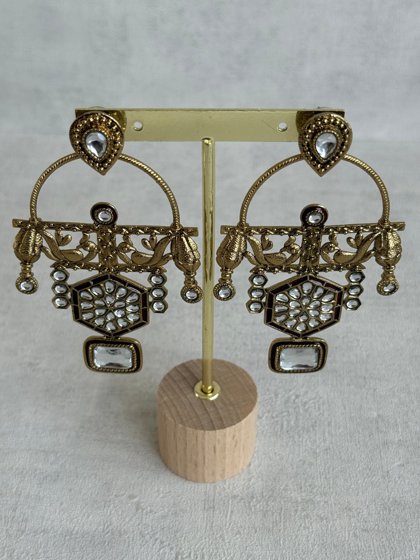 Ayura Designs Irene Earrings – Maroon Kundan, Meenakari & Crystal Peacock Chandeliers in Gold