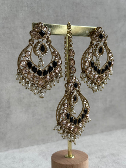 Ayura Designs Damini Tikka Set – Mirror-Cut Kundan Earrings & Tikka with Black Enamel and Pearl Detailing