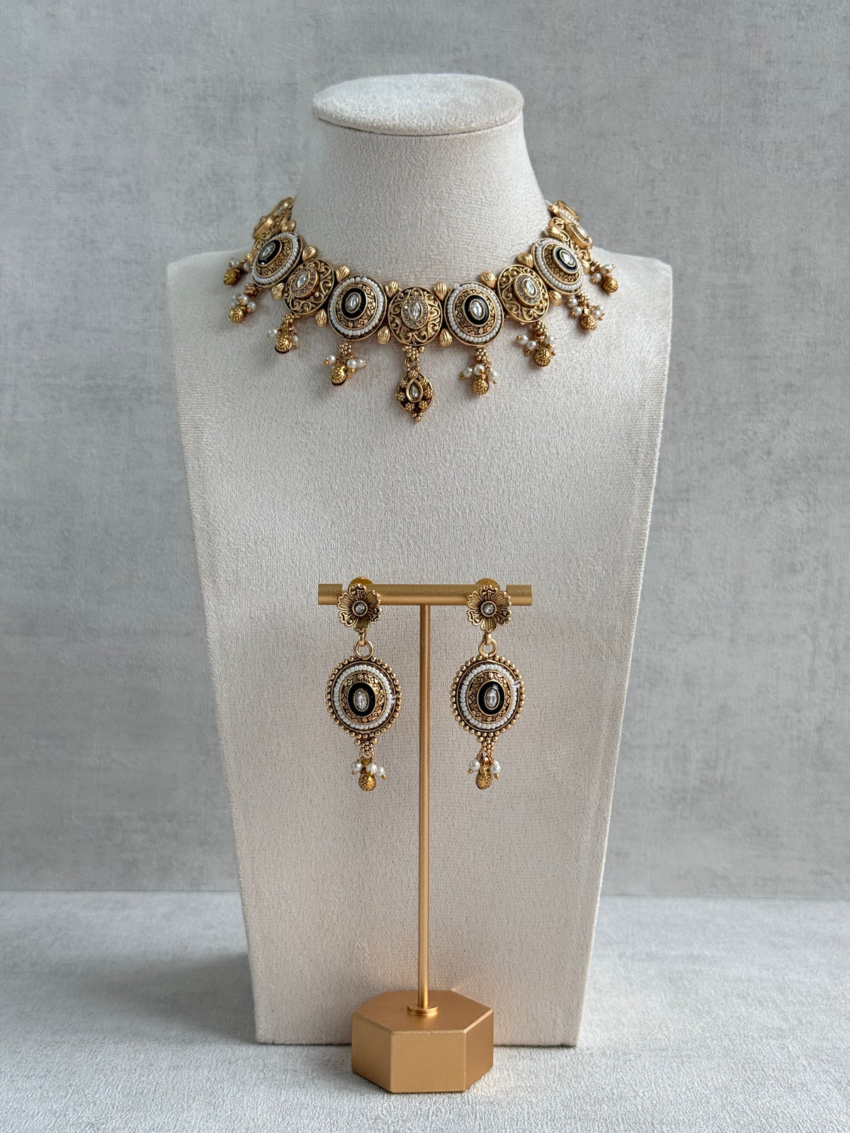 Ayura Designs Livia Necklace Set with Earrings – Green Enamel, Kundan & Pearl Detailing in Antique Gold Finish