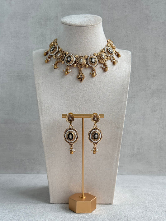 Ayura Designs Livia Necklace Set with Earrings – Green Enamel, Kundan & Pearl Detailing in Antique Gold Finish