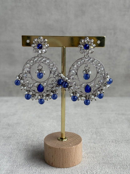 Ayura Designs Rija Set – Necklace, Earrings & Tikka with Ink Blue Beads, Mirror-Cut Stones & Silver Finish