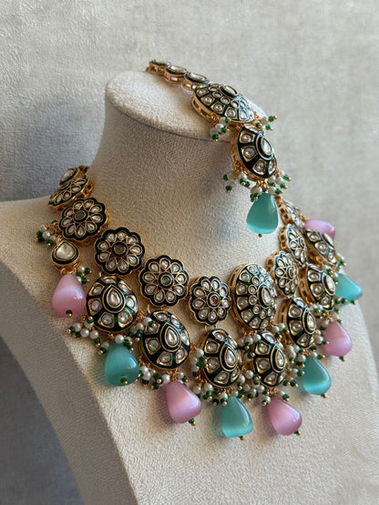 Ayura Designs Sumaira Set with Passa – Necklace, Earrings, Tikka & Passa with Kundan, Green Meenakari Detailing & Aqua-Pink Drops