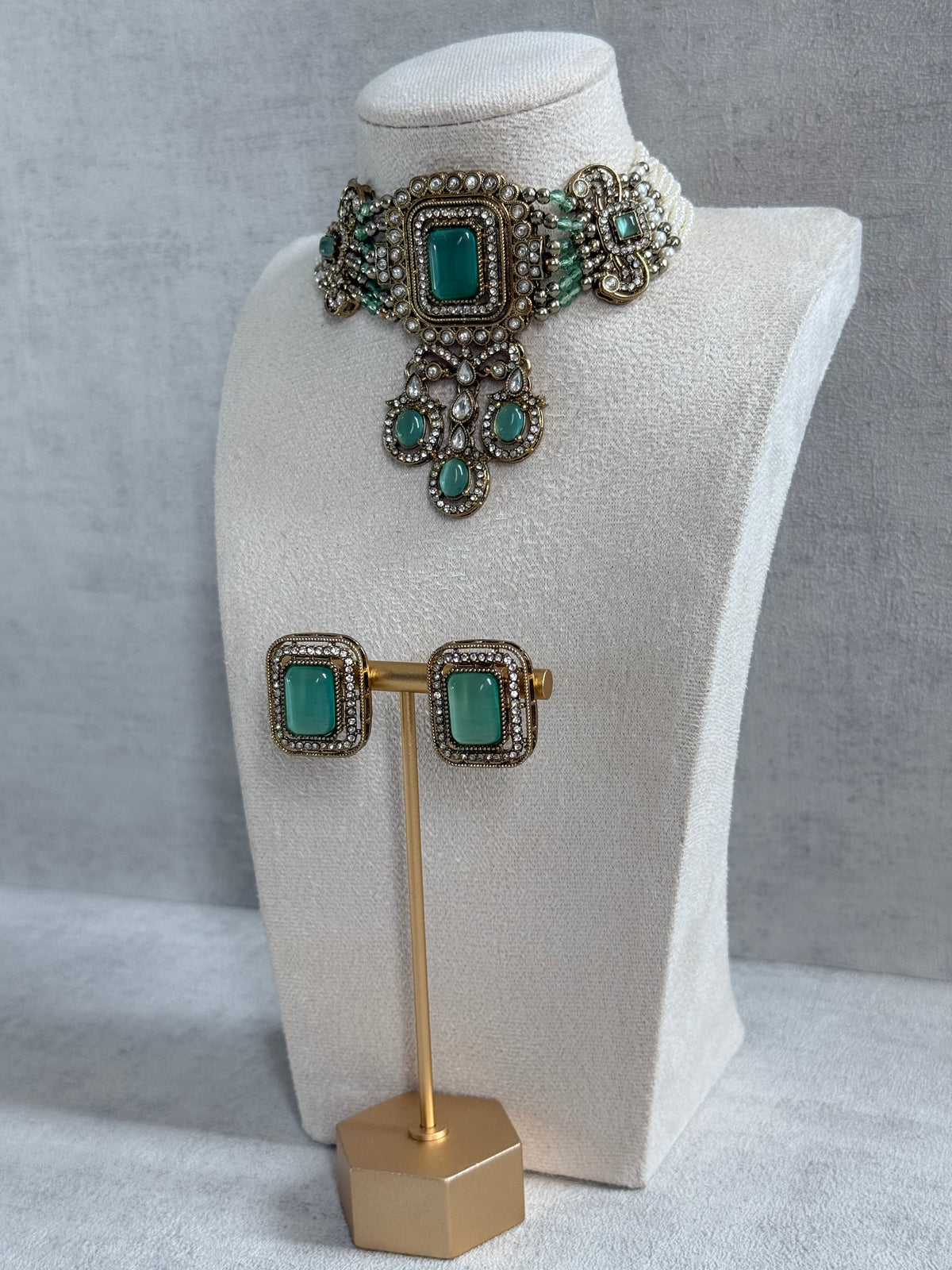 Ayura Designs Nabiha Choker Set with Studs – Aqua Green Stones, Pearl Detailing & Antique Gold Finish