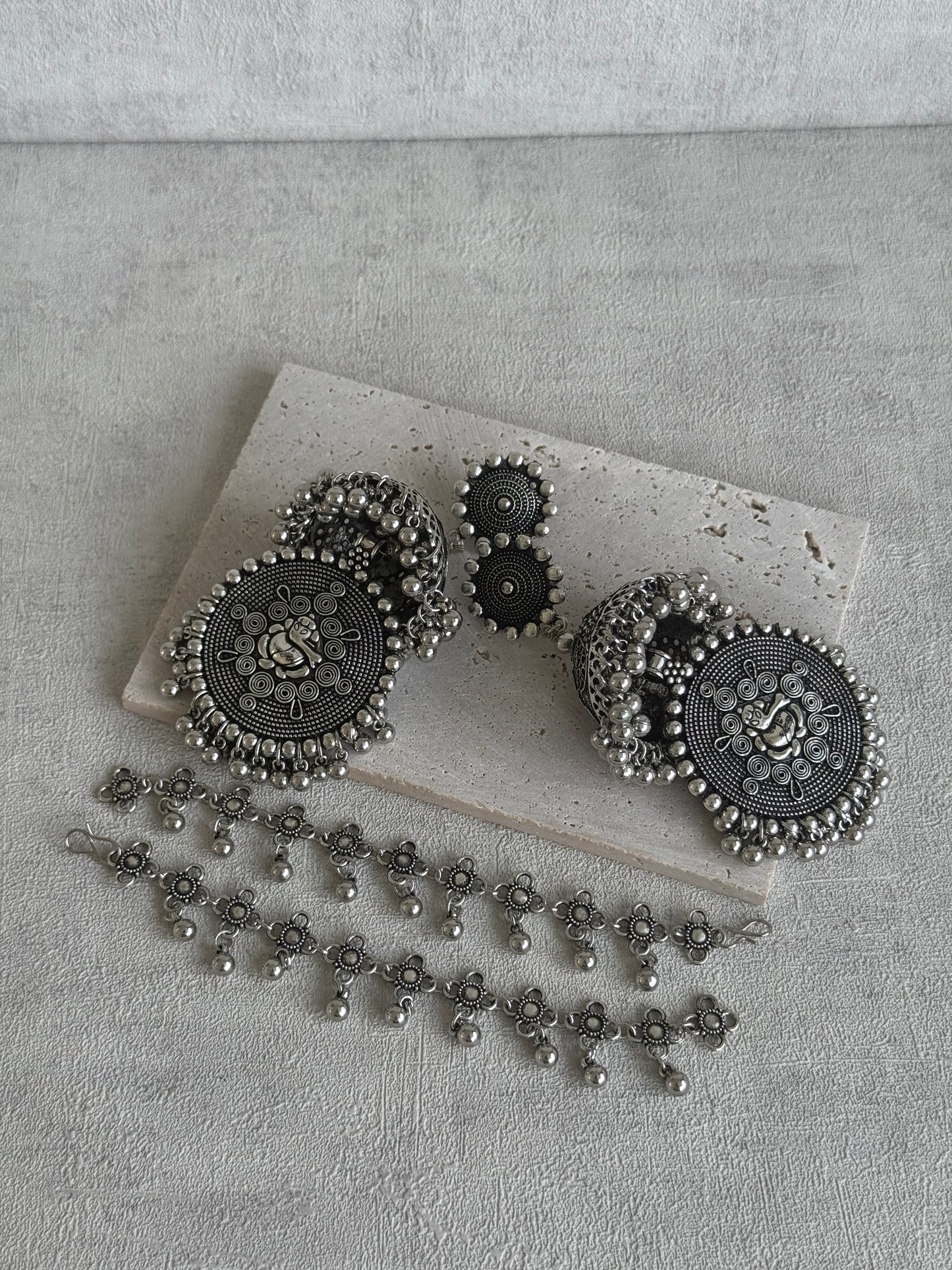Ayura Designs Kashish Earrings – Oxidised Silver with Lord Ganesh Motif, Dome Jhumkas & Matching Sahare