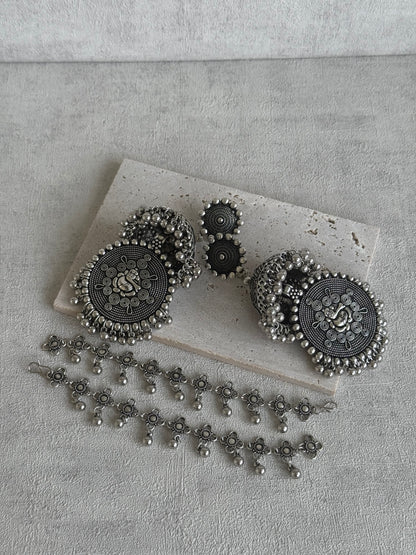 Ayura Designs Kashish Earrings – Oxidised Silver with Lord Ganesh Motif, Dome Jhumkas & Matching Sahare