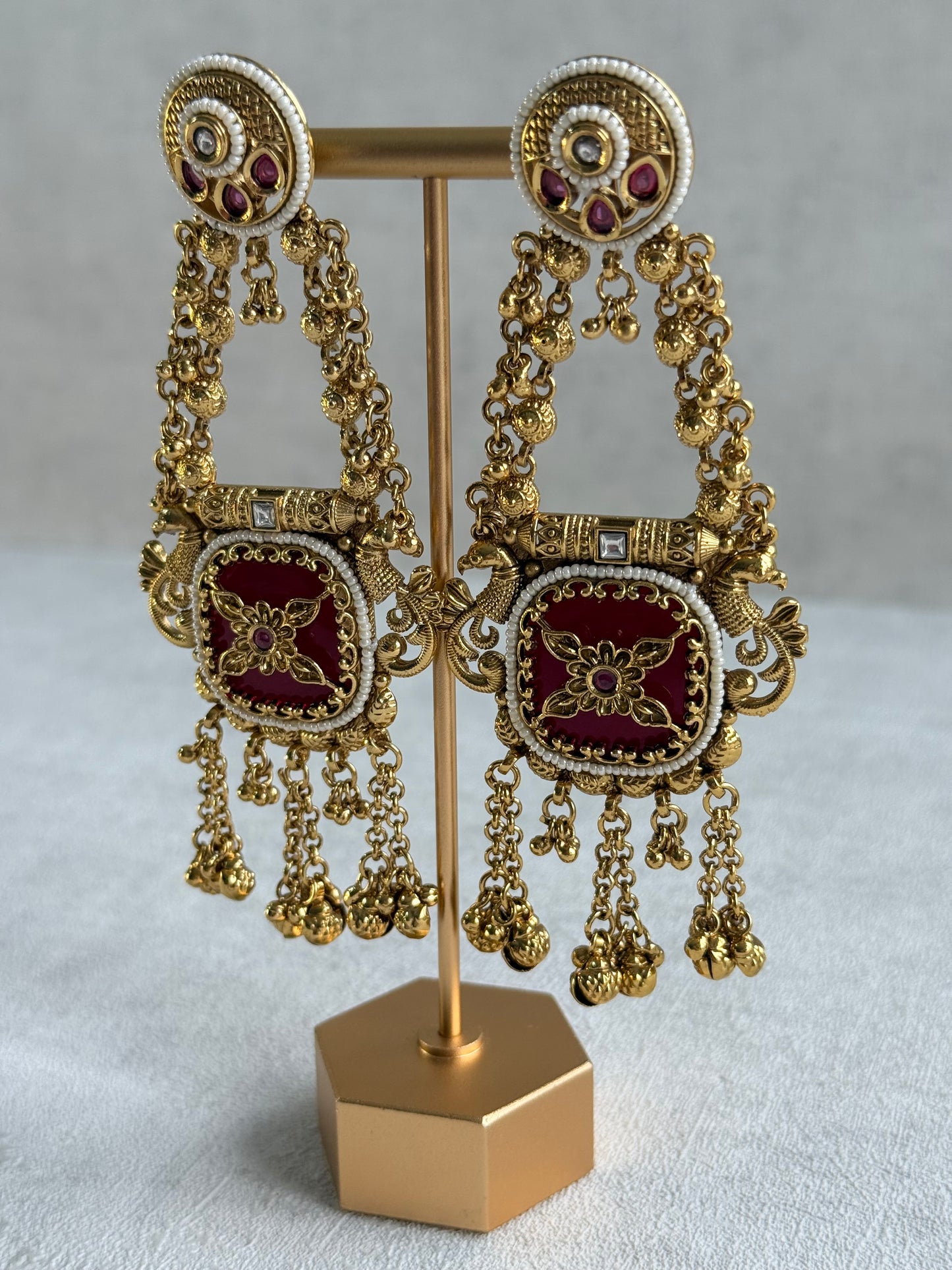 Ayura Designs Hazar Earrings – Gold Peacock Design with Ruby Red Enamel, Pearl Beading & Ghungroo Detailing