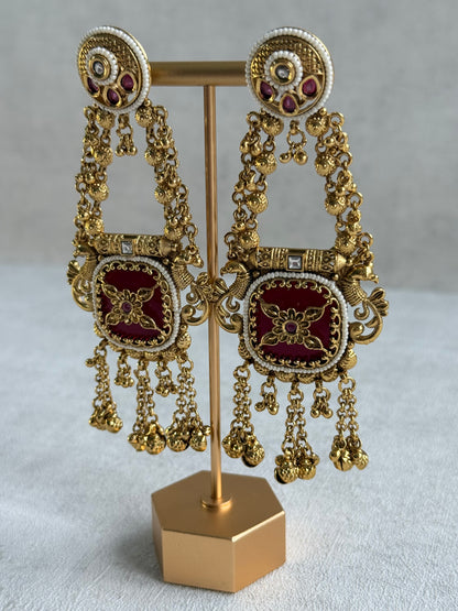 Ayura Designs Hazar Earrings – Gold Peacock Design with Ruby Red Enamel, Pearl Beading & Ghungroo Detailing