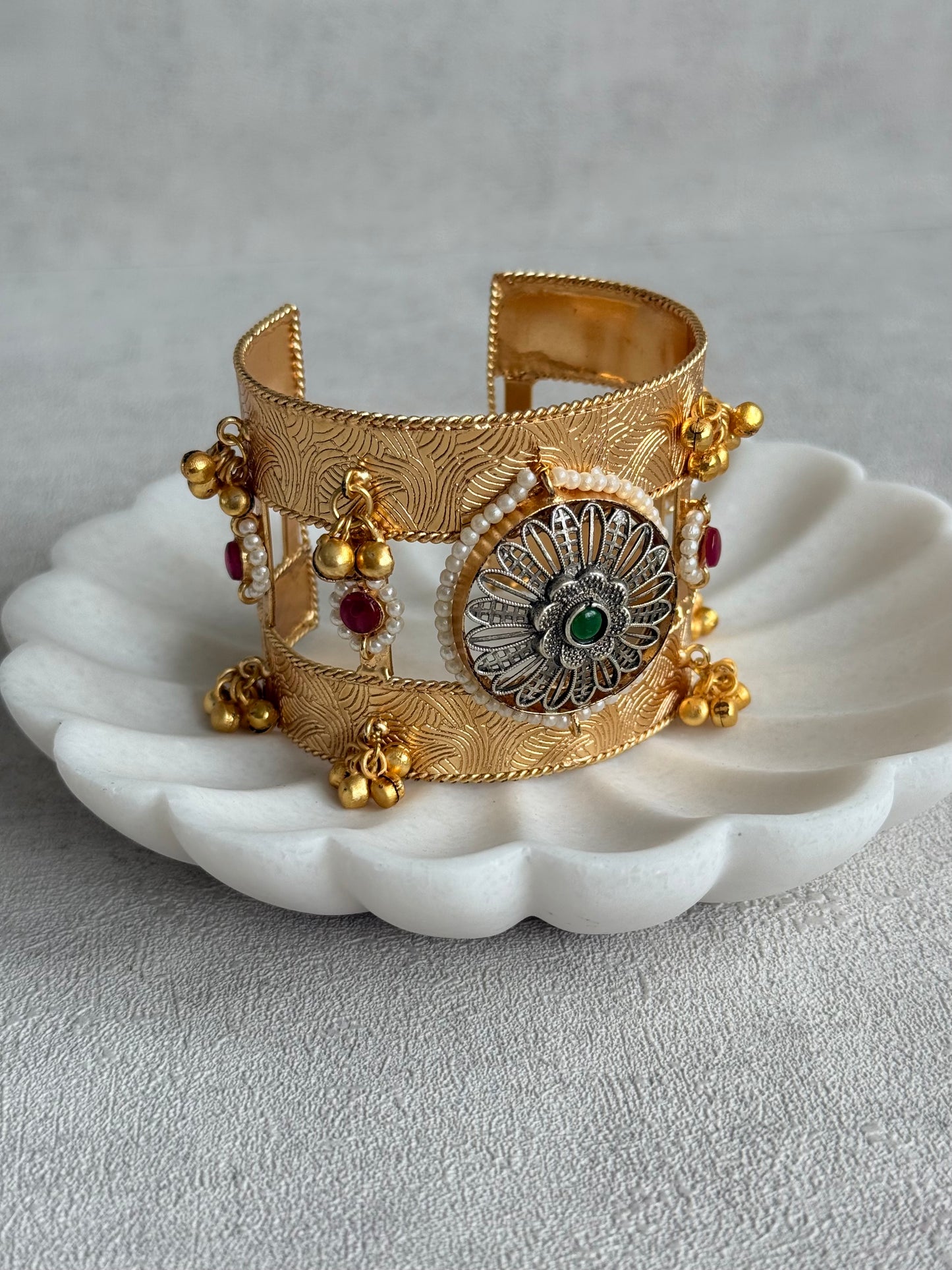 Ayura Designs Omita Adjustable Kashmiri Cuff Bracelet – Floral Medallion with Pearl, Ruby & Emerald Detailing